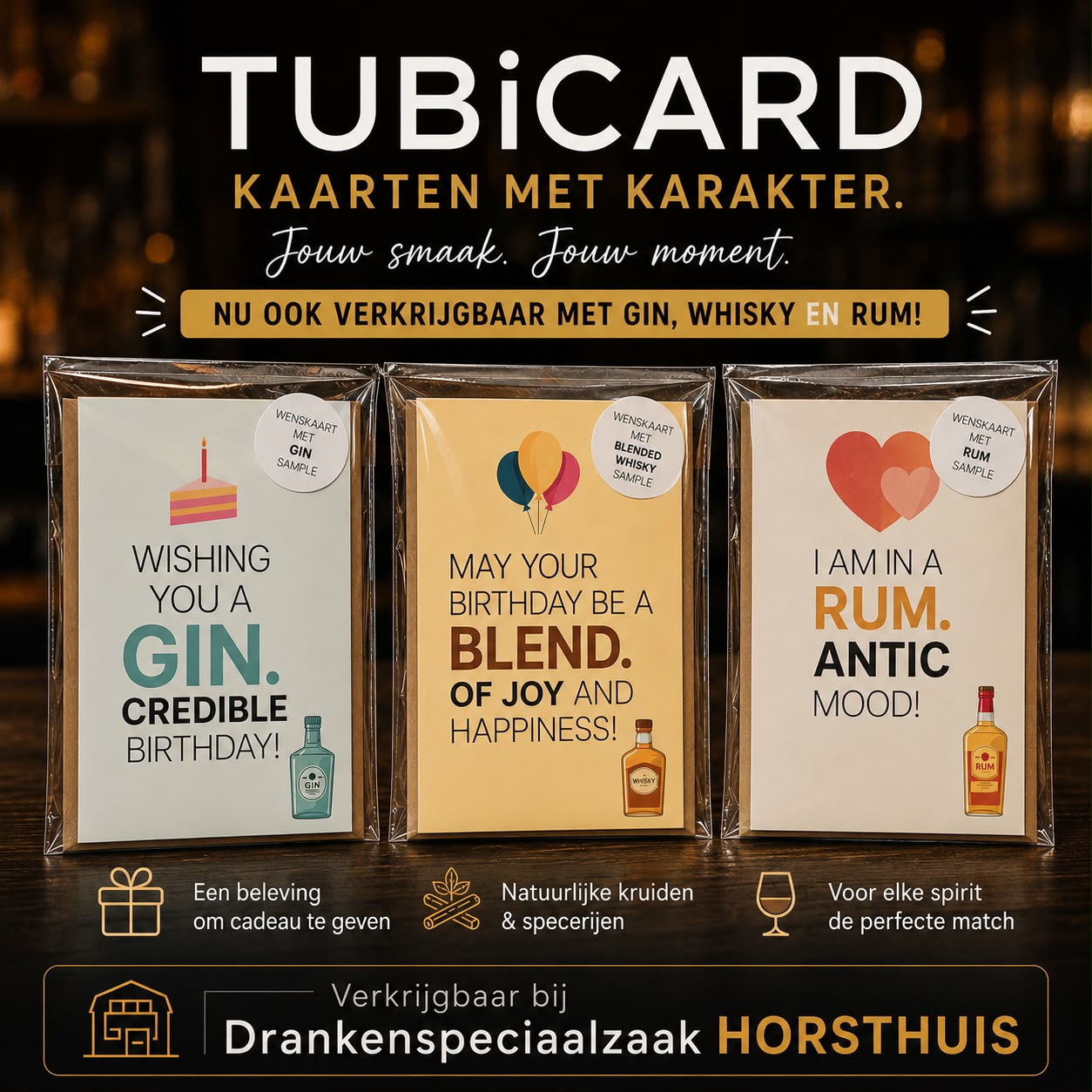 TUBiCARD wenskaarten met een sample gin, whisky of rum, verkrijgbaar bij Drankenspeciaalzaak HorstHuis