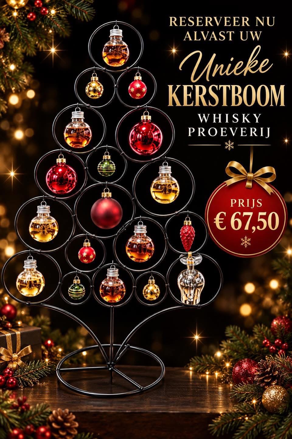 Metalen kerstboom met flesjes whisky als kerstballen. Reserveer nu alvast uw unieke kerstboom whisky proeverij, prijs 67,50 euro.
